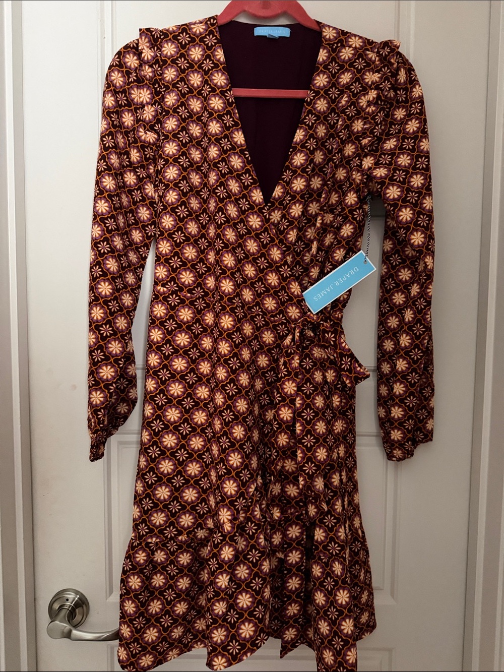 Draper James Burgundy and Gold Floral Geometric Wrap Dress